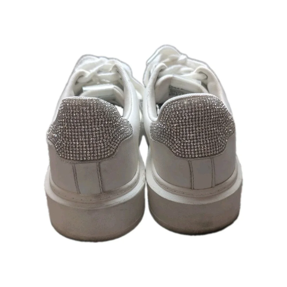 Steve Madden Women's White Platform Sneakers Rhinestone Heel Lace Up Casual 7